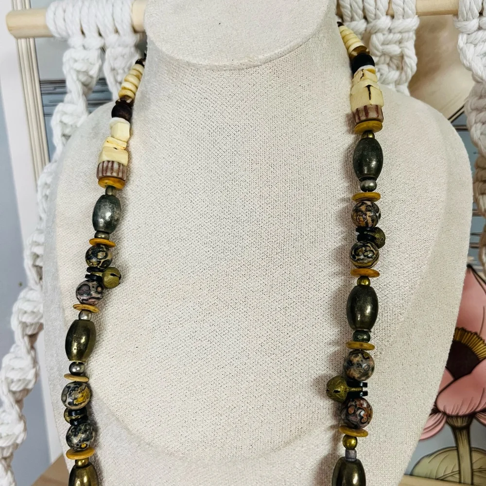Boho Ethnic‎ Necklace Brown and Gold Toned Bone Beads Ceremonial India